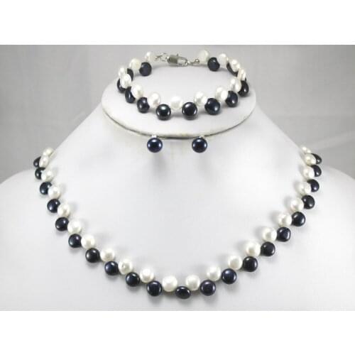 Perfect match 8MM White and Black freshwater Pearl Necklace Bracelet Earrings Jewelry Sets