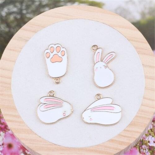 Julie Wang 8PCS Mix Alloy Enamel White Cartoon Rabbit Charms Bunny Pendant Animal Bracelet Dangle Keychain Jewelry Craft 16-31mm