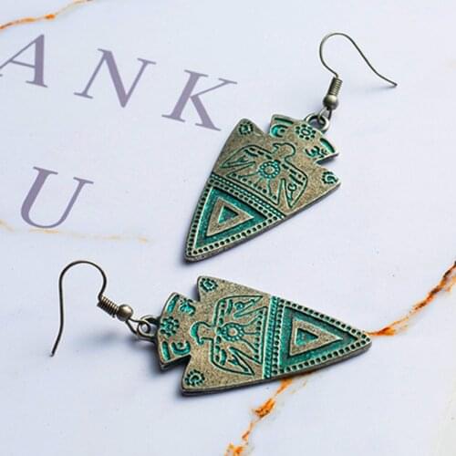 Classic bohemian vintage boho triangle earrings Retro green silver color ethnic totem drop hanging earrings for women jewelry