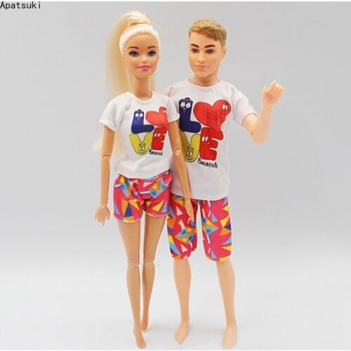2sets/lot Couple Lover Clothes Set for Barbie Doll Outfits Cartoon Love White T-shirt Pink Shorts for Ken Boy Dolls Accessories