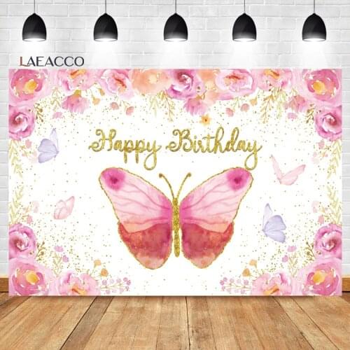 Laeacco Watercolor Painting Flower Butterfly Pink Princess Birthday Party Background Customized Portrait Photography Backdrops