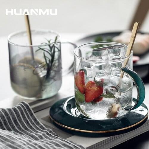 European Style Small Light Luxury Glass Home Coffee Cup and Saucer Combination Heat-resistant Tea Cups Golden With Spoon