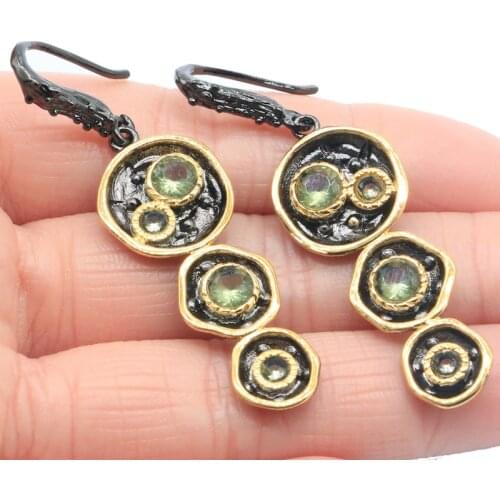 54x15mm Unique HipHop Gothic Jewelry Set Created Rhodolite Garnet Green Amethyst Cool Black Metal Silver Earrings Pendant HipHop