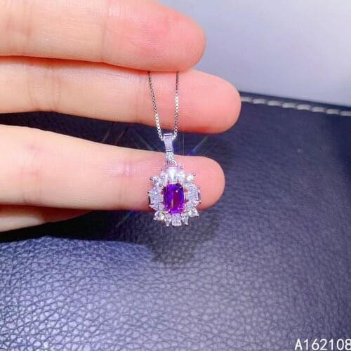 Boutique Jewelry 925 Sterling Silver Inlay With Natural Gem Female Popular Fashion Rectangle Amethyst Pendant Necklace Support D