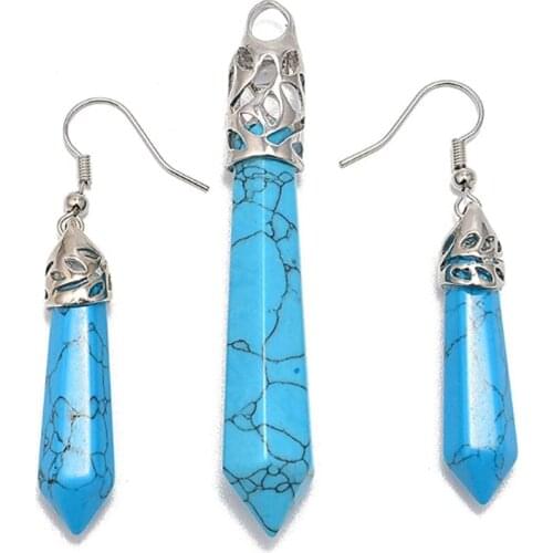 Silver Plated Hexagon Prism Blue Turquoises Stone Pendant Necklace Drop Earrings Rock Crystal Jewelry Sets