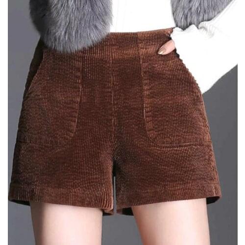 Winter Autumn Casual Women Lady Elastic High Waisted Corduroy Shorts , 2018 Fall New Female Woman Wide Leg Loose Black Shorts