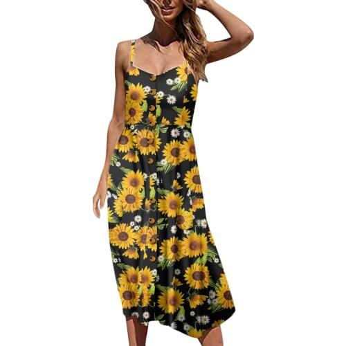 Sunflower Printing Dresses For Women 2021 Bohemian Button Down Swing Pockets Maxi Long Dress Summer Holiday Party Robe Vestidos