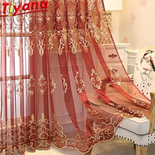 Red Luxury Embroidery Tulle Curtains for Living Room Golden Thread Embroidery Yarn Drapes for Bedroom Balcony #VT