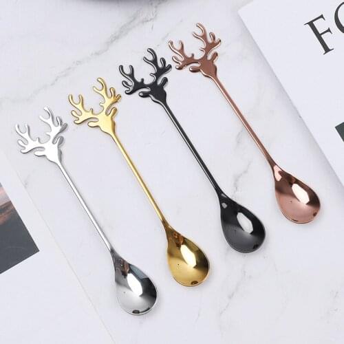 Stainless Steel Christmas Spoon Scoop Kitchen Tableware Stirring Spoons Elk Design Coffee Mixing Scoops Xmas Noel Party Decor