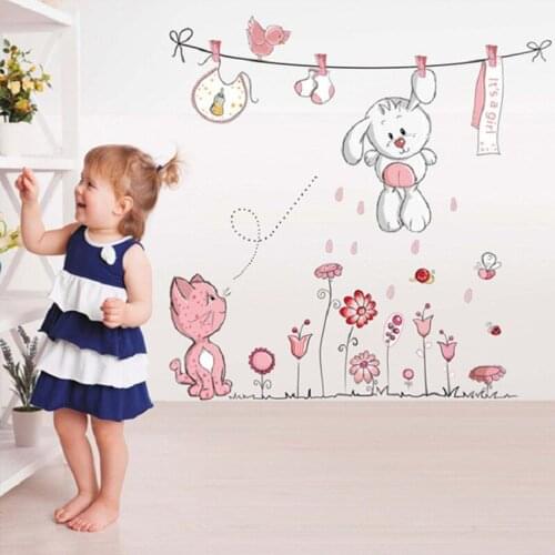 Pink cartoon cat rabbit flower wall sticker for kids rooms baby girls home decor decal decor mural removable pvc decor poster
