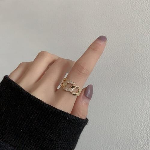 925 Sterling Silver Micro Zircon Chain Ring Female Luxury Golden Open Ring Wholesale