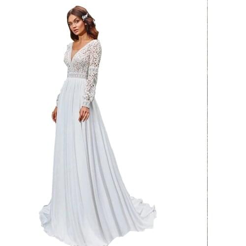 A Line Scoop Neck Bridal Gowns Sweep Train Lace Boho Long Sleeve Chiffon Plus Size Wedding Dress