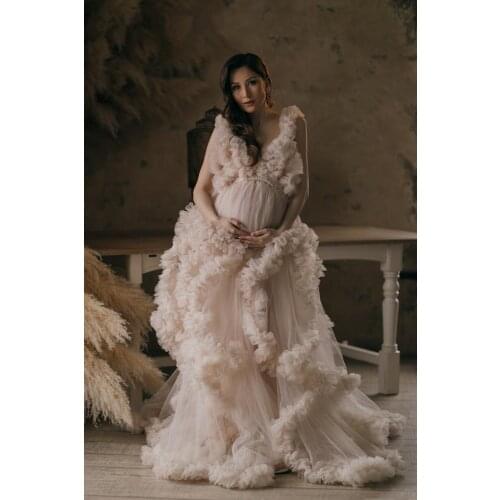 Ivory Prom Maternity Robes Women Long Tulle Bathrobe Dresses Photo Shoot Birthday Party Bridal Fluffy Party Sleepwear