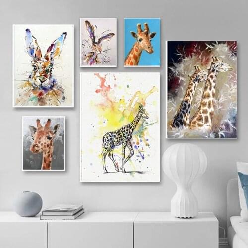 Modern Abstract Animal Print Canvas Painting Rabbit Giraffe Graffiti Poster Printing Wall Art Picture for Living Room Decor