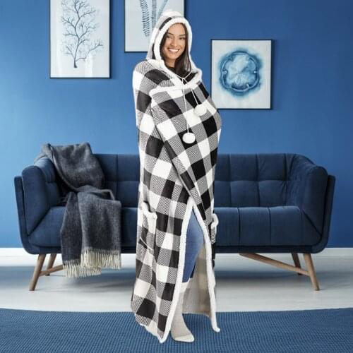 Hooded Lazy Blanket Thicken And Longer Warm Jacket Red And Black Plaid Printed Casual Blanket Christmas Home Service Frugal