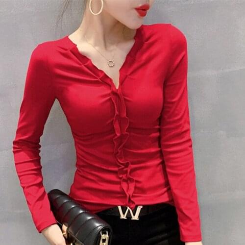 Pure Cotton Slim Long Sleeve T-shirt Shirt Autumn Winter Clothes Niche Fashion New V-neck Pleated Solid Color Bottomed Women