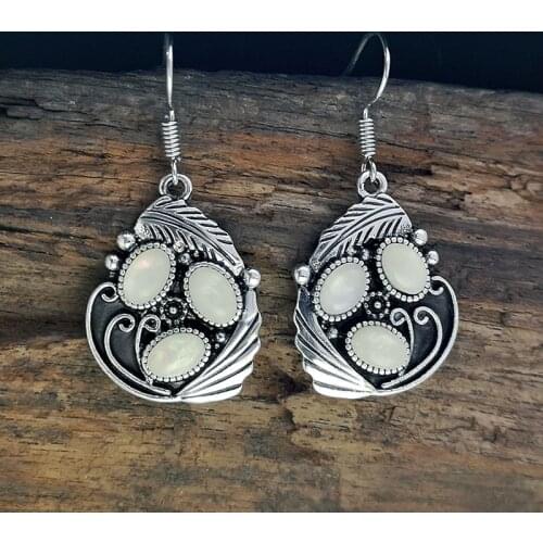 Vintage Metal Leaf White Oval Moonstone Earrings Ethnic Jewelry Thai Silver Color Carved Feather Drop Dangle Earrings