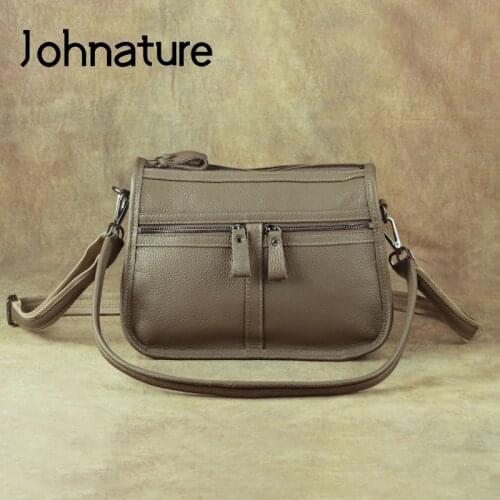 Johnature Simple Genuine Leather Bag Women Shoulder Bags 2020 New Leisure First Layer Cowhide Solid Color Lady Crossbody Bags
