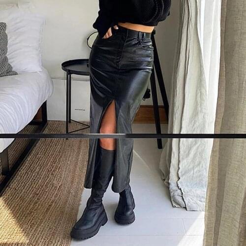 SISHION 2021 Midi PU Leather Skirt Women Autumn Black Sexy Bodycon Fashion Party Ladies Pencil Skirts Ladies Pocket QZ0327