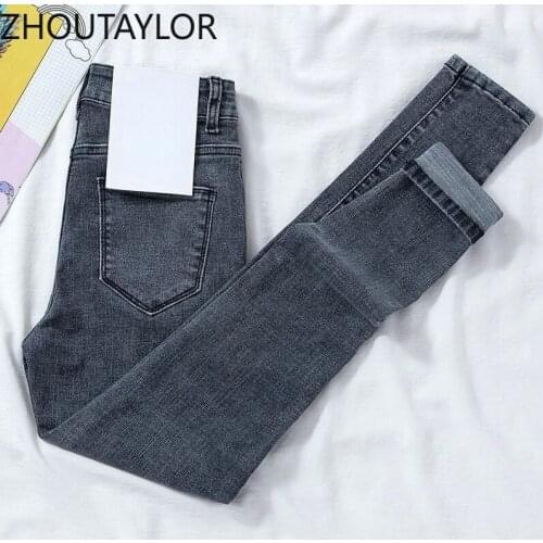 ZHOUTAYLOR Women Jeans Fashion Sweet High Waisted Pencil Pants Zippers Office Lady Autumn New Button Ankle-Length Trousers Femme