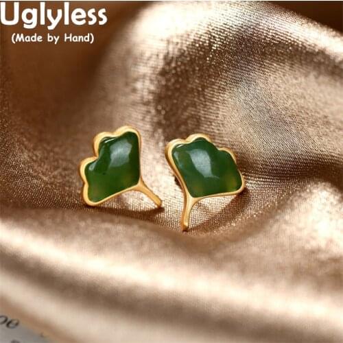 Uglyless Lovely Design Ginkgo Leaves Studs Earrings for Women Clouds Gemstones MINI Earrings Agate Jade Dress Jewelry 925 Silver