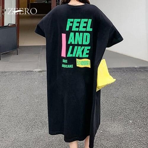 Korean Female Pure Cotton Clothing Casual Letter Print Loose Long Tees Dresses for Women Summer Midi Dress Vestido De Mujer 3XL
