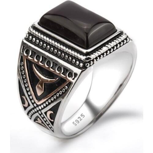 925 Sterling Silver Black Agate Stone Men Ring Geometric Rectangle Stone Finger Ring for Men Punk Fine Jewelry