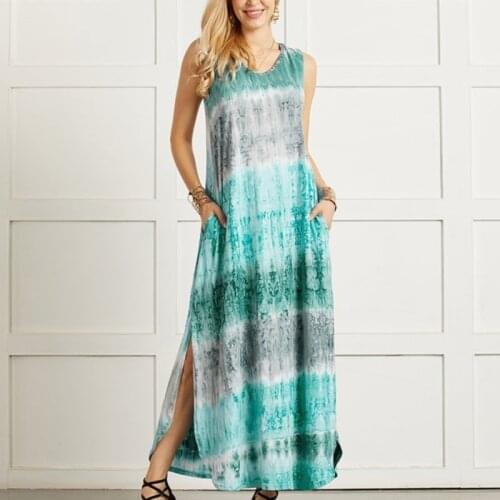 Sexy Womens Tie-dye Print Split Dress Vintage Irregular Hem V-neck Sleeveless Long Dress Oversized Casual Beach Party Vestidos