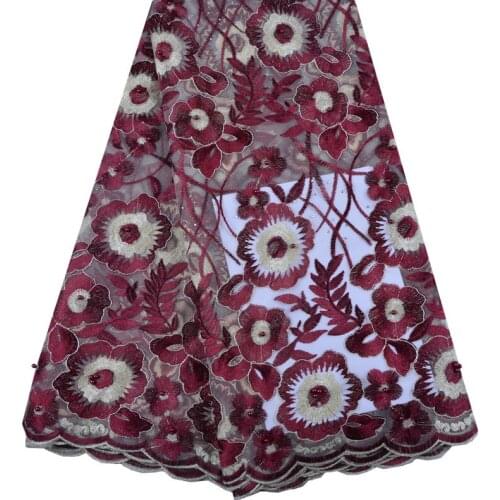 2018 Newest African Tulle Lace Fabric Wine Embroidery Lace Fabrics For Bridal Wedding Dress French Mesh Lace Fabric 1359
