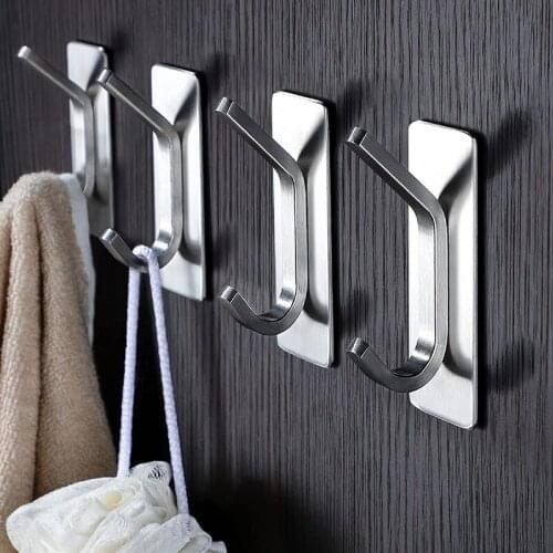 4 Pieces of Bathroom Accessories Clothes Towel Hook Self-adhesive Hook Bathroom Hook Stainless Steel Bathrobe Clothes Hook
