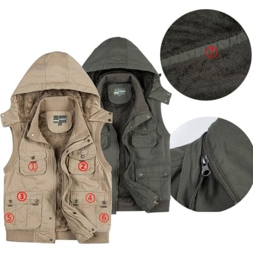 4XL Mens Jacket Sleeveless Vest Winter Male Fleece Warm Vest Coats Men Stand Collar Hooded Army Thicken Waistcoats Clothing