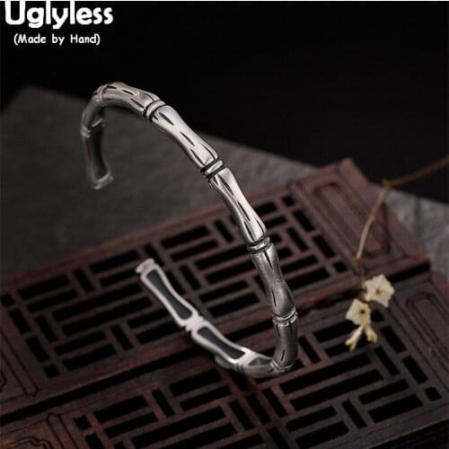 Uglyless 100% Real 925 Sterling Silver Bamboo Bangles for Women Pandas Favorite Bamboo Open Bangle Ethnic Thai Silver Bracelets