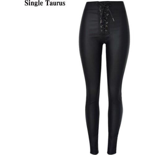 Bandage High Waist Pu Faux Leather Pants Women Slim Skinny Coating Denim Pants Streetwear Punk Black Vaqueros Push Up Spodnie