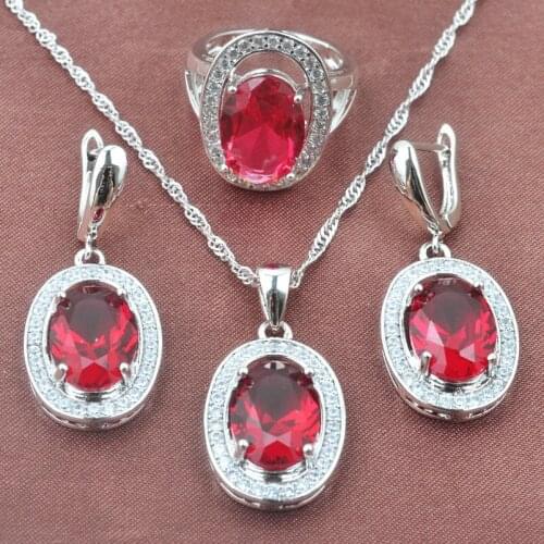 Red Stone CZ Wedding Womens Jewelry Sets Silver Color Ring Necklace And Earrings Set TZ0116