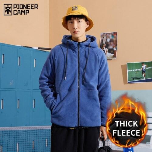 Pioneer Camp 2020 Warm Fleece Mens Jackets Winter Thickness Hooded Mens Coat Blue Green Zipper Men Clothing XLW023016