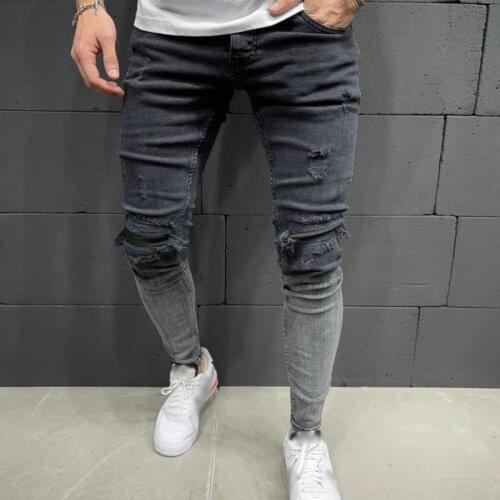Men Ripped Skinny Jeans Fashion Gradient Color Distressed Stretch Slim Fit Jeans Man Hip Hop Destroyed Fringe Denim Pencil Pants
