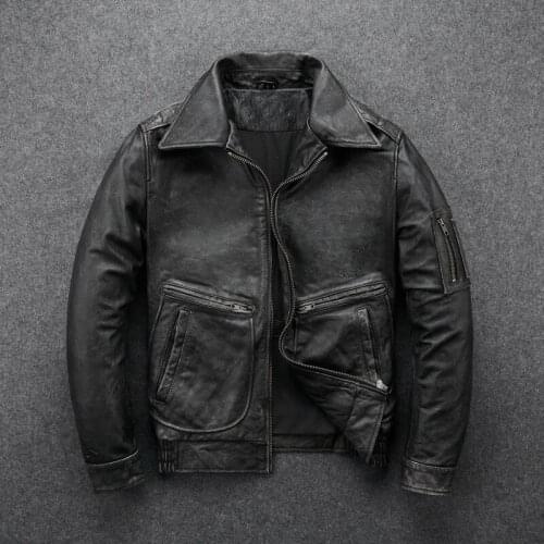 2021 Vintage Men Leather Jackets Cowhide Motorcycle Genuine Leather Motor Clothing Distressed Leather Coat
