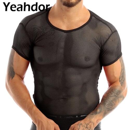 Sexy Mens Transparent T Shirt Tops 2021 Mesh See Through Clubwear Short Sleeve Tank Vest Shirt Nightclub Party Perform Top Tees
