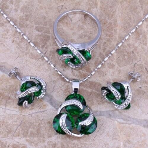 Distinctive Green Cubic Zirconia Silver Plated Jewelry Sets Earrings Pendant Ring Size 6 / 7 / 8 / 9 / 10 S0126