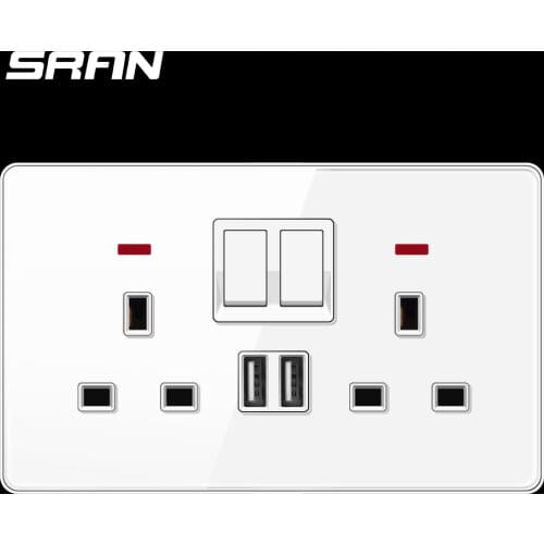 SRAN UK standard USB wall Sockett with switch,13A 250V Full-plane tempered glass panel 146mm*86mm power socket