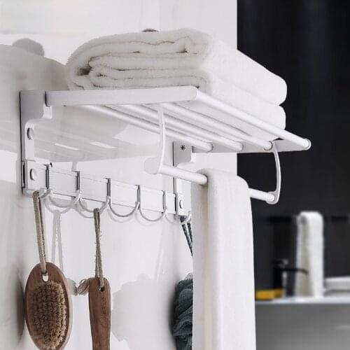 Towel Rack Punch-Free Shower Holder Bathroom Accessories Folding Wall Organizer Hook Hanger Matte Silver Aluminum Storage Shelf