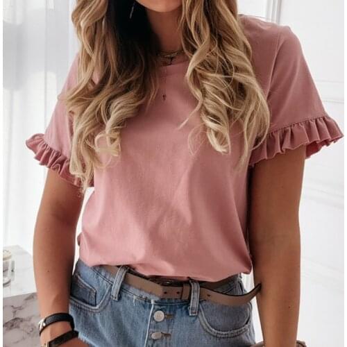 Womens Butterfly Sleeve O-Neck T-shirt White Ruffle Fashion Elegant Ladies T-shirts 2021 Spring Summer Casual Female Tops Tees