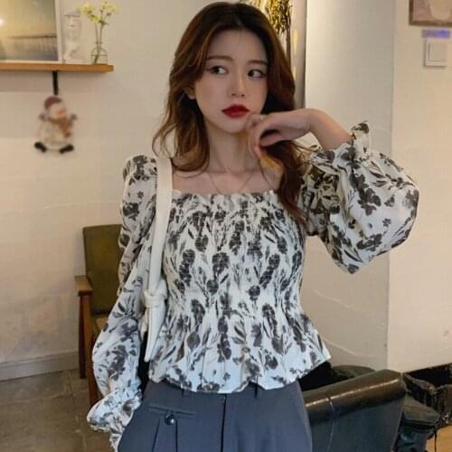 Womens Floral Print Long Sleeve Blouse Tops Casual Chiffon Square Neck Shirts Vintage Sexy Shirt Tops Streetwear