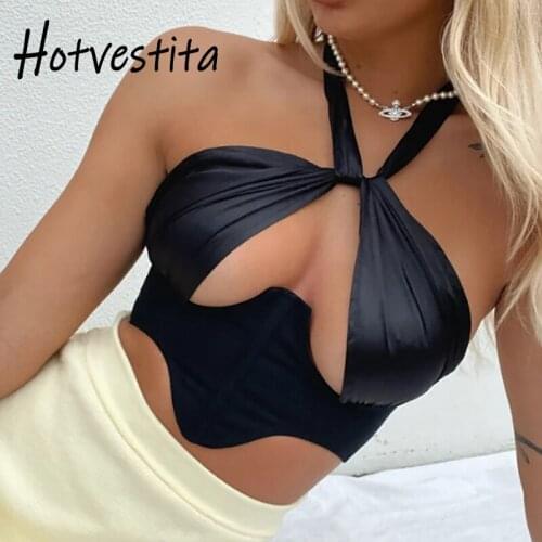 Hotvestita 2021 Summer Sexy Hollow Out Backless Crop Tops Sleeveless Bodycon Cross Halter Satin Women Party Club Corset Tank Top