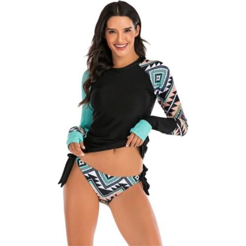 Long Sleeve Women Print Swimwear Short Panties Two Piece Set Swimsuit Crew Surfing Suit Pad Bathing Suits UV Protect Diving Suit