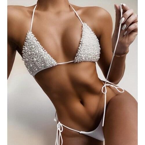 2021 New Two Piece Swimsuit For Women Sexy Thong Luxury Pearl Sewing Swimsuit Swimwear Bathing Suit Beachwear Bikini Brazilian