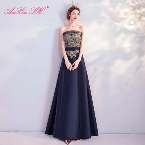 AXJFU princess blue lace strapless sleeveless evening dress luxury beading gold flower blue bow a line evening dress 2426