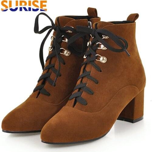 Winter Women Plush Martin Boots Red Black Flock High Block Heel Casual Office Lady Lace Up Zipper Pointed Toe Short Martin Boots