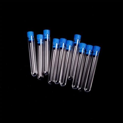 10Pcs 12*75mm plastic Test Tubes Rimless With Push Caps Lab Clear Supplies