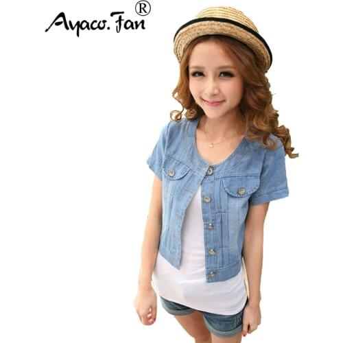 2019 Summer New O-Neck Spliced Women Short Denim Coats for Girls Femme Vintage Short Sleeve Thin Jean Jacket Lady Coat Plus Size